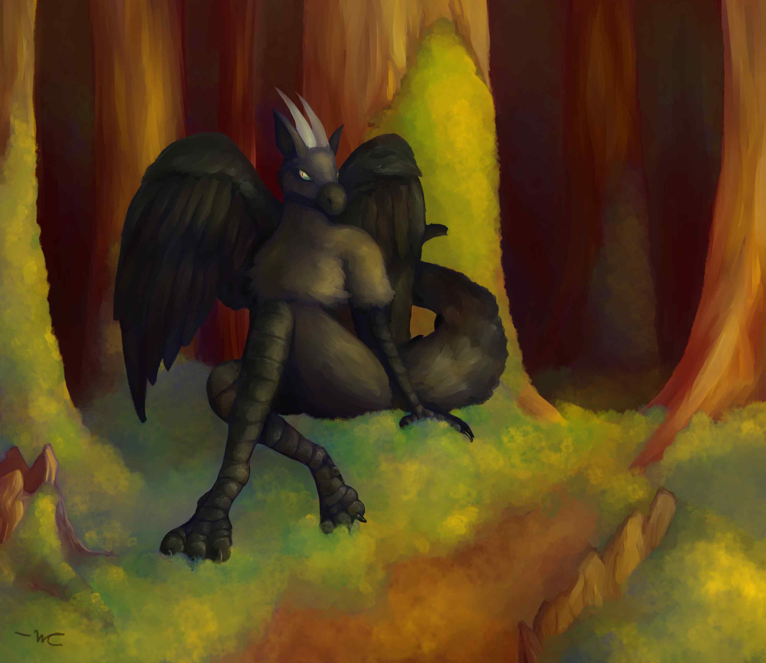 A digital painting of an anthropomorphic feathered dragon sitting in a forest with mossy trees and ground. He's black like a crow.